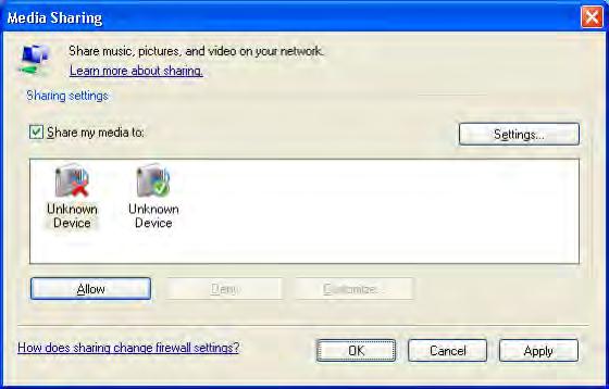 Windows Media Player v11 Windows XP rendszeren Hálózati megosztás beállítása 1 A Windows Media Player alkalmazásban válassza a menüből a Library (Könyvtár), majd a Media sharing (Médiafájlok