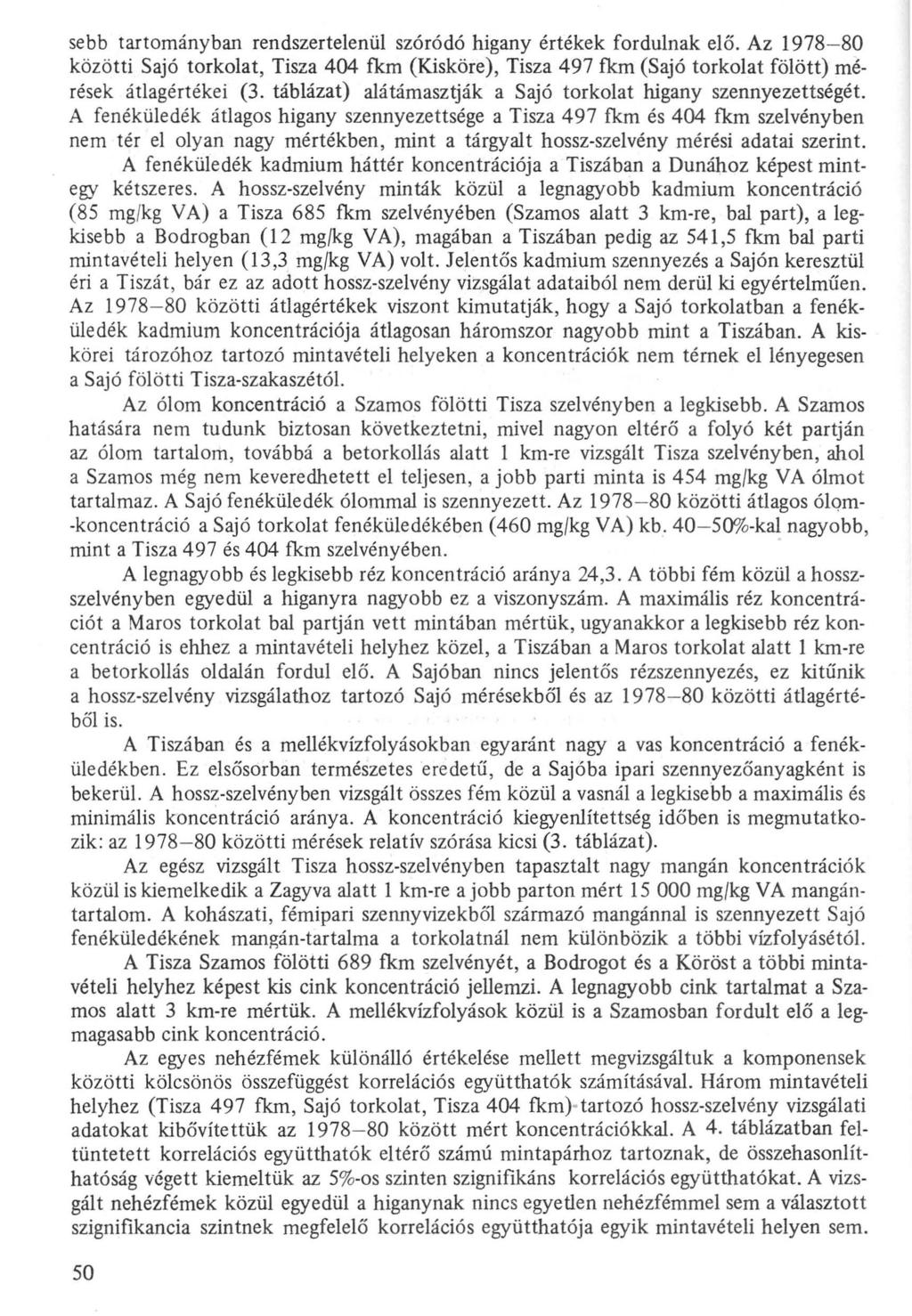 sebb tartományban rendszertelenül szóródó higany értékek fordulnak elő. Az 1978-80 közötti Sajó torkolat, Tisza 404 fkm (Kisköre), Tisza 497 fkm (Sajó torkolat fölött) mérések átlagértékei (3.
