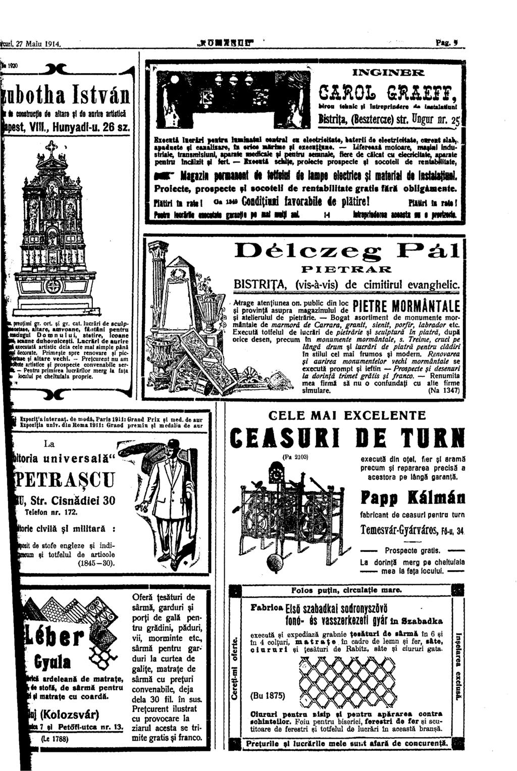 foiri, 27 Maiu 1914, Pag. 9 1920 mbotha István «construcţiadealtare şldeaurite artistică iest, VIII., Hunyadi-u. 26 sz.