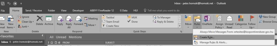 Ha Outlook esetén le szeretnénk fűzni egy saját könyvtárba az összes NISZ-es értesítést, ezt a következő módon tehetjük meg: Egy, a leszűrni kívánt NISZ feladótól érkező emailre kattintsunk, majd
