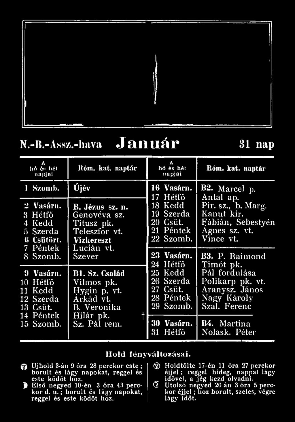 M arcéi p. ntal ap. Pir. sz., b. Marg. Kanul kir. Fábián, Sebestyén Ágnes sz. vt. Vince vt. B3. P. Raimond Timót pk. Pál fordulása Polikarp pk.
