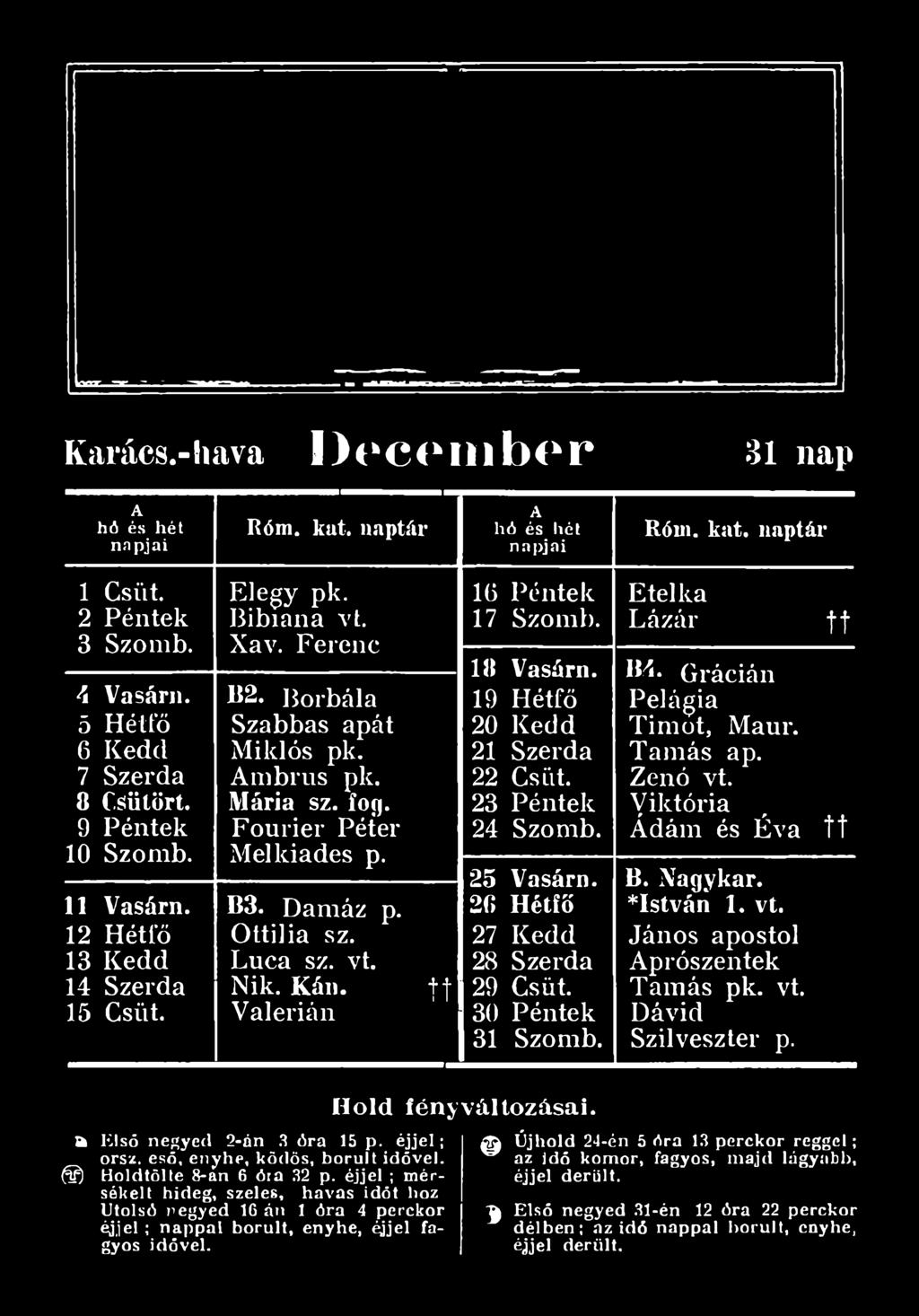 30 Péntek 31 Szomb. Etelka Lázár B4. Grácián Pelágia Timot, Maur. Tamás ap. Zenó vt. Viktória Ádám és Éva tt B. Nagykar. *István 1. vt. János apostol prószentek Tamás pk.