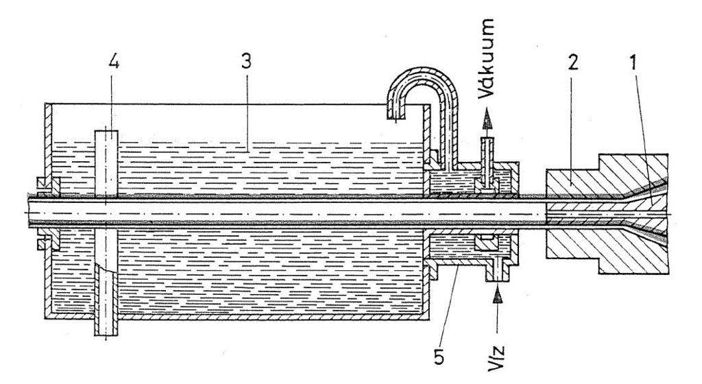10. ábra A cső külső méretének kalibrálása vákuumkalibrálóval 1, tüske; 2, csőszerszám; 3, hűtővíz; 4, túlfolyó; 5, vákuumkalibráló A kalibrálás másik lehetősége, ha túlnyomást hozunk létre a még