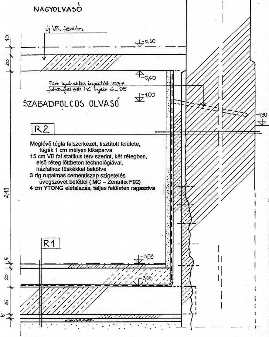 Lőttbeton ellenszerkezet hálós vasalással, hátfalba bekötve Vasbeton ellenfödém felmenő falakba bevésve Vasbeton szerkezetű