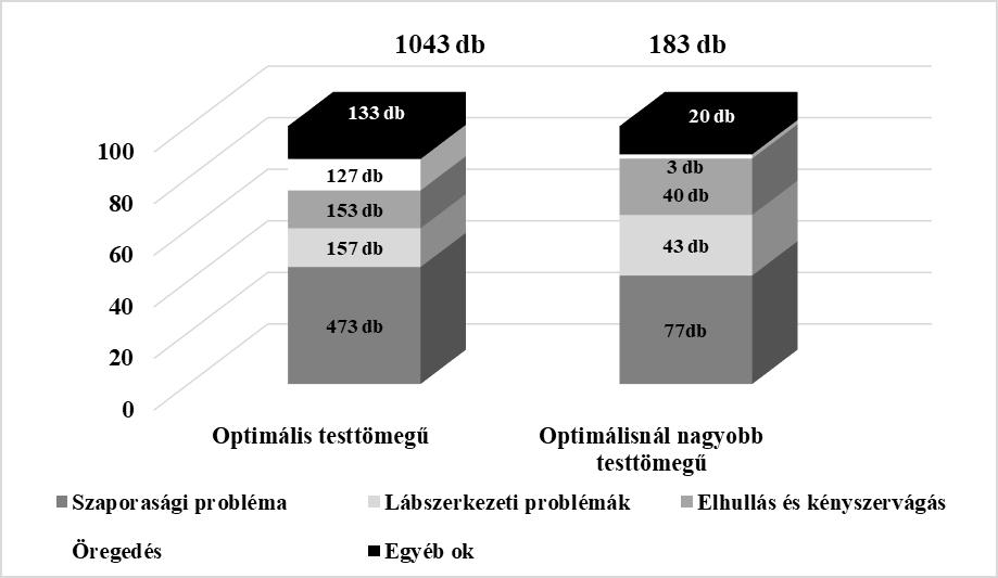 Az átlagok alapján elmondható, hogy az optimálisnál nagyobb testtömeggel rendelkező kocákat gyengébb reproduktív teljesítmény jellemezte; viszont statisztikailag igazolható különbséget csak a süldők