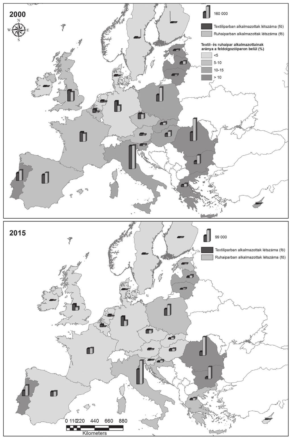 1. ábra A textil- és ruházati iparban alkalmazottak létszáma (fő) és feldolgozóiparon belüli aránya (%) az EU országaiban (2000 / 2015) Forrás: EUROSTAT, szerk. Németh G.