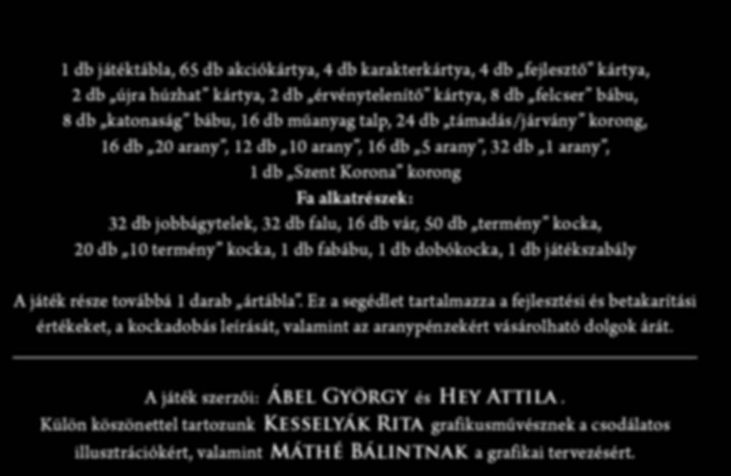 A JÁTÉK TARTALMA: 1 db játéktábla, 65 db akciókártya, 4 db karakterkártya, 4 db fejlesztő kártya, 2 db