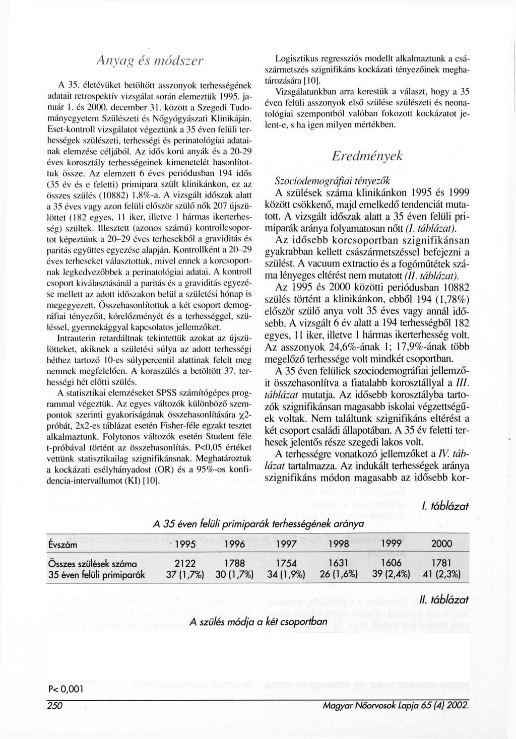 Ayag és módszer A 35. életévüket betöltött asszoyok terhességéek adatait retrospektív vizsgálat sorá elemeztük 1995. jauár 1. és 2000. december 31.
