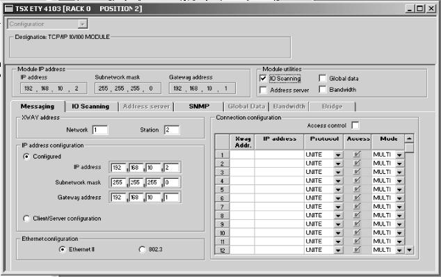 Tervezés, üzembe helyezés Master tervezése (Modbus scanner) 4 Az Ethernet modul beállításai Az Ethernet modulra duplán kattintva nyitható meg a tervezési ablak.