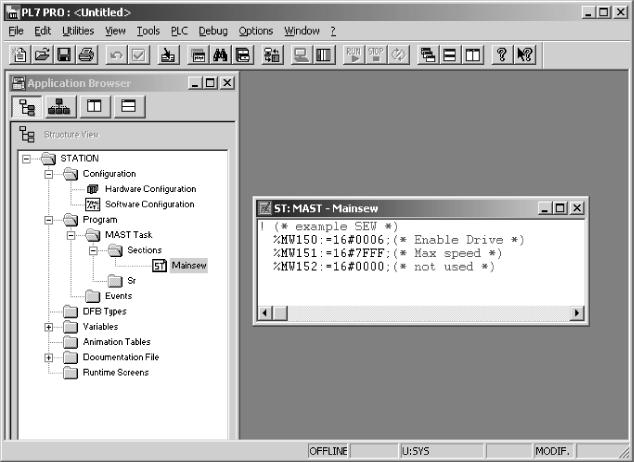 Tervezés, üzembe helyezés Master tervezése (Modbus scanner) 4 Programlétrehozása Az PL7 PRO szoftverben a böngészőben a Station / Program / Mast Task / Sections pont alatt hozzunk létre új