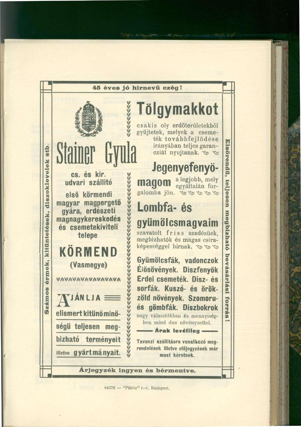 45 éves jó hírnevű czég! a fi > 0 N <fl a V ll s w o! cs. é s kir.