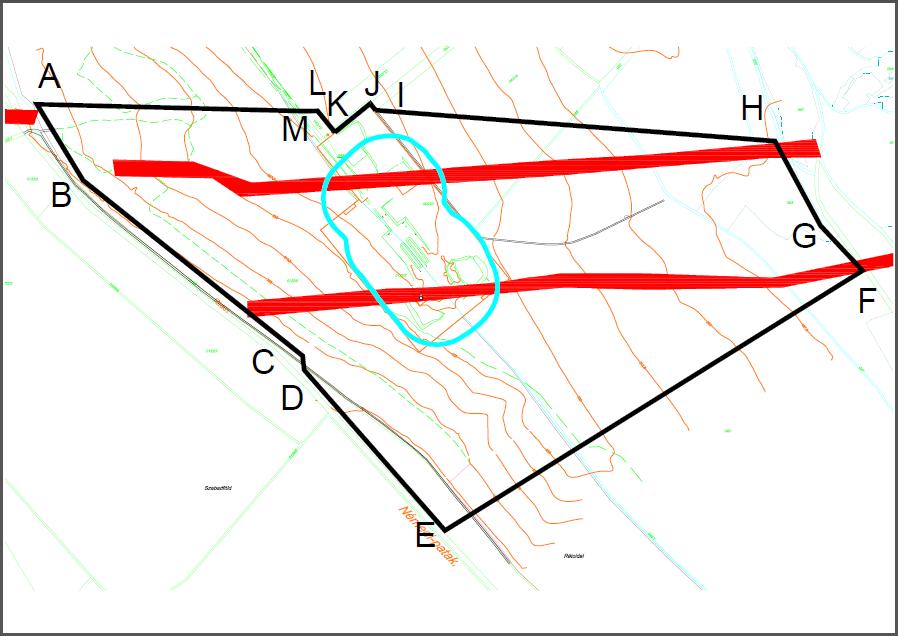 Az RHFT felülvizsgált biztonsági övezetének az elhelyezkedése Jelkulcs: piros andezittelérek, fekete a kijelölésre javasolt biztonsági övezet határa, világoskék ellenőrzött terület határától mért 100