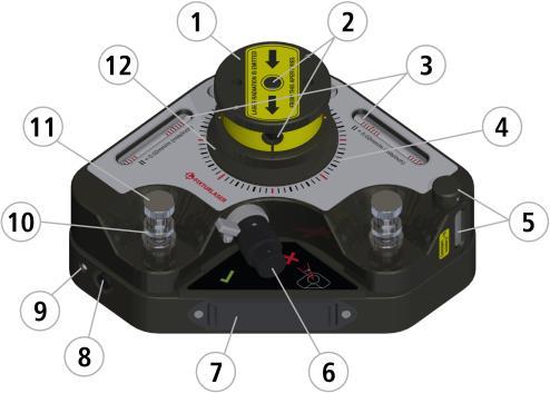 5. Függő leges vízmérték, beállítócsavarokkal. 6. Gomb az optikai fej forgatásához. 7. 4 LR6 akkumulátor. Húzza össze a végeit és húzza ki a kazettát. 8. Lézer Be/Ki kapcsoló. 1.