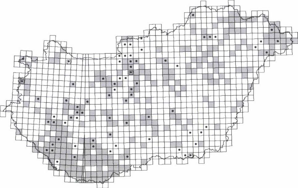 The distribution of Common Spadefoot Toad on the 10x10 km UTM grid map of Hungary. (Symbols refer to data from different periods. : before 1900, : between 1900-1970, : after 1970).