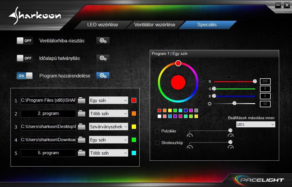 9. Speciális 9.3 Program hozzárendelése A Speciális menüben lévő Program hozzárendelése alatt egyéni világítást állíthat be öt programba.