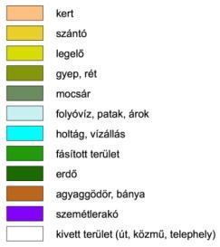A hiteles állami alaptérkép alapján készített ábra mindezek térbeli elhelyezkedését ábrázolja. A művelt területek legnagyobb részét a szántók teszik ki. Ezt követik az erőterületek.