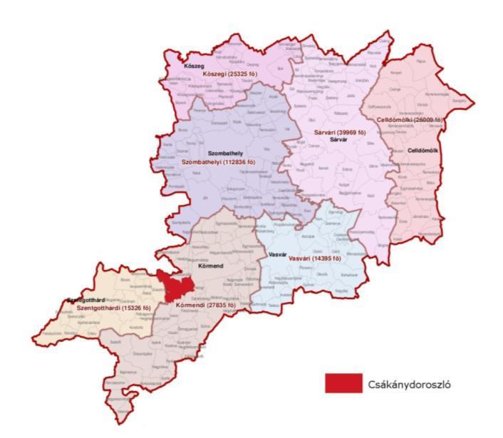 1. ábra - Csákánydoroszló elhelyezkedése Vas Megyében Forrás: TeIR Csákánydoroszló a Rába-völgy kistájban helyezkedik el, 20 másik faluval együtt. A tájegység területe 350 km 2.