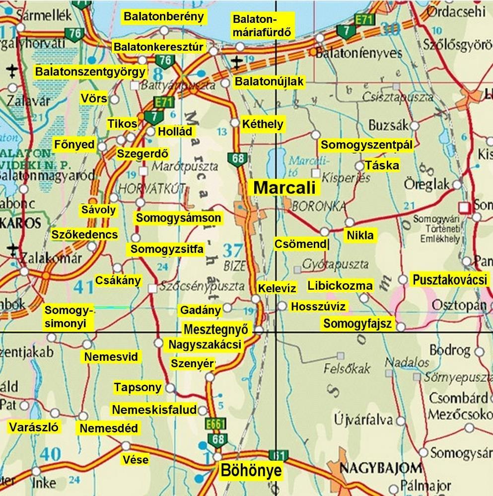 Marcali minden égtáj felől megközelíthető: észak-déli irányban szeli át a 68-as út, amely a Balatontól vezet a barcsi határátkelőig.