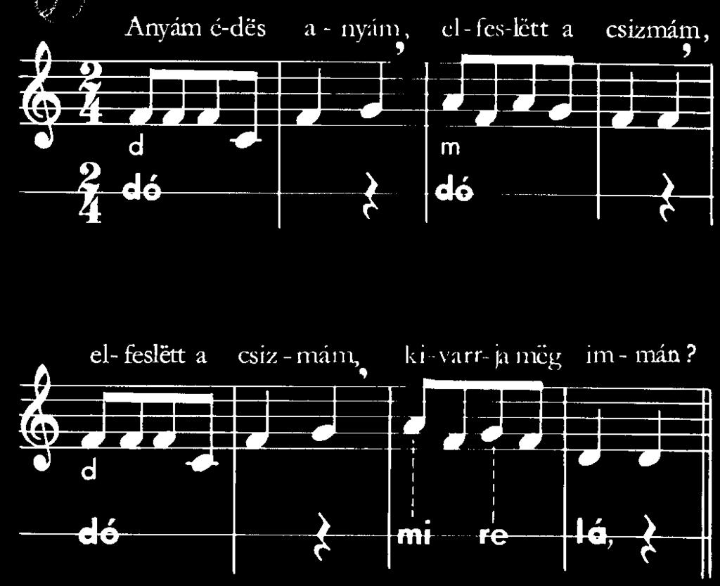 124. ábra 1. típusú többszólamúság Egyszerű többszólamúságot kapunk, ha a dalok fő hangjaiból készítünk kísérőszólamot (2). (125.ábra) 125. ábra 2.