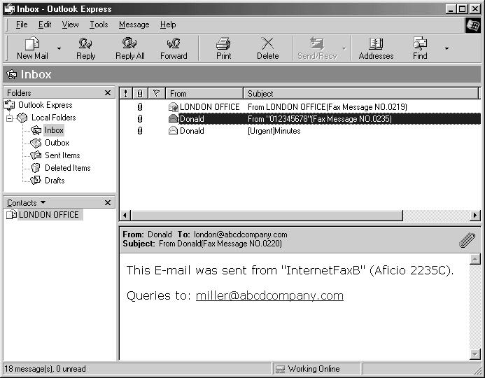 Internetfax dokumentumok vétele Fogadott képek Az itt látható példában errõl a készülékrõl egy Internetfax dokumentumot küldtek el, és azt számítógépen, az Outlook Express e-mail szoftverrel fogadták.