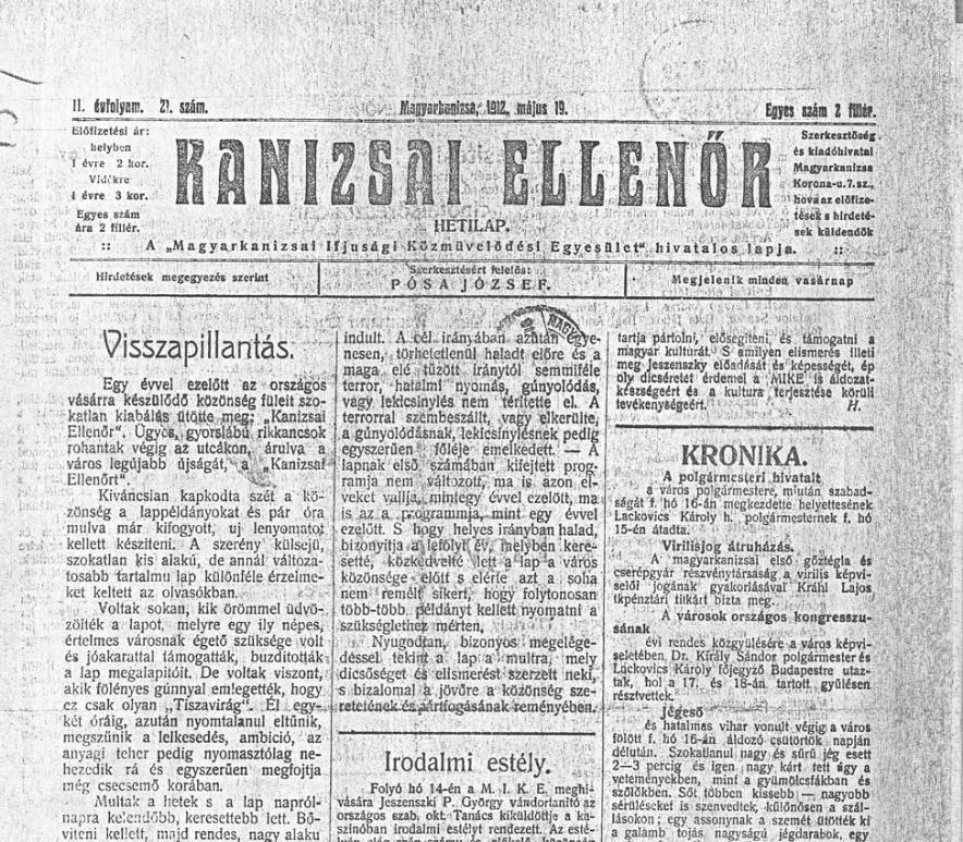 19. kép: Kanizsai Ellenőr (1911 1918)