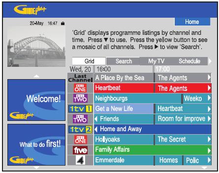 Grid képernyő A Grid képernyő a GUIDE Plus+ rendszer elsődleges, TV műsorokat ismertető képernyője. Ebben a menüpontban egy hétre előre tájékozódhat a TV-műsorokról.