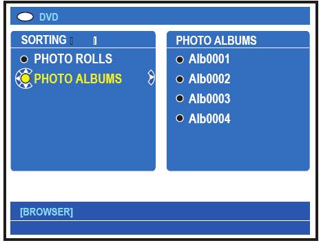 A gomb megnyomásával válassza ki a {SORTING} menüt, majd nyomja meg a gombot a PHOTO ALBUMS kiválasztásához!