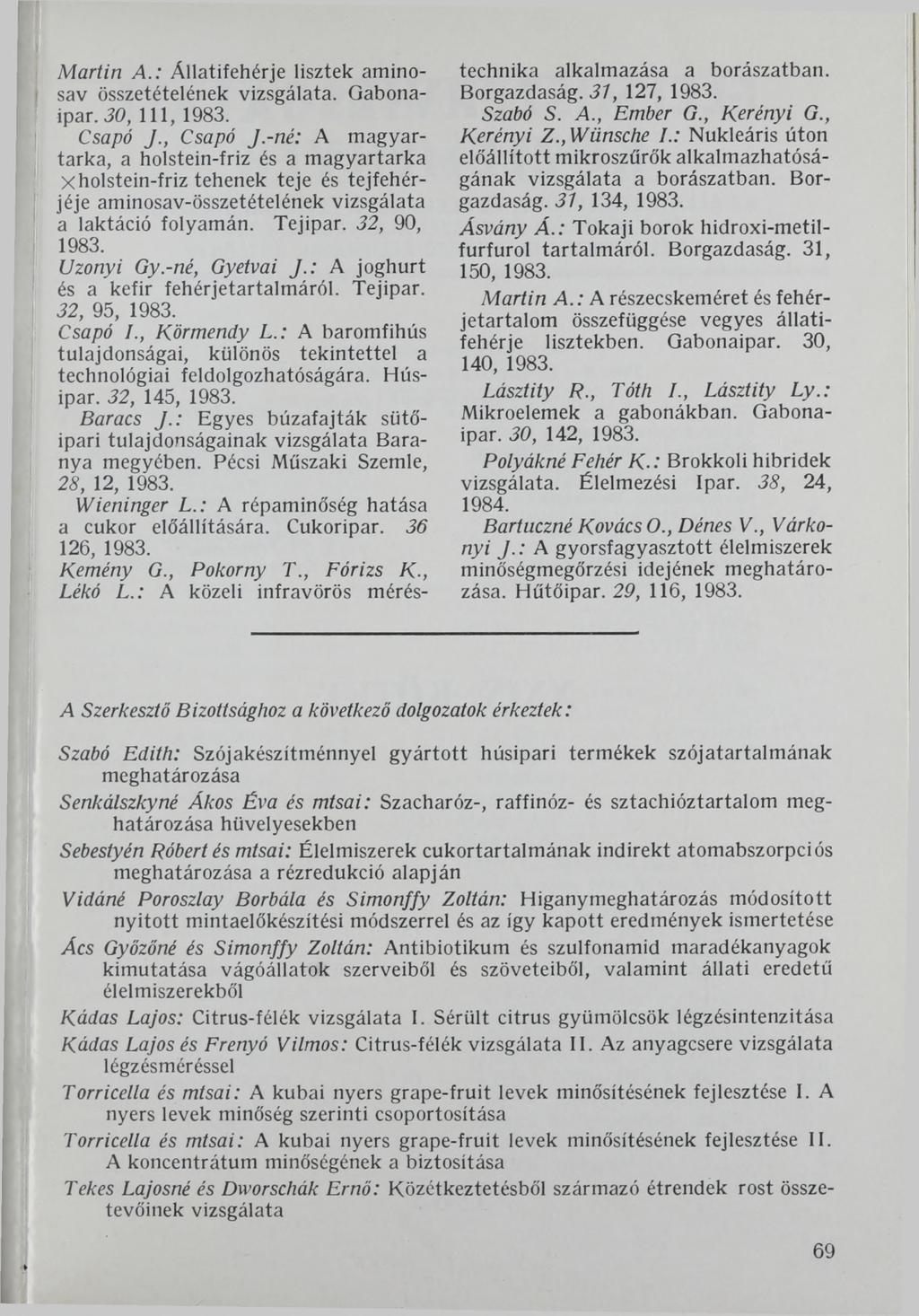 Martin A.: Állatifehérje lisztek aminosav összetételének vizsgálata. Gabonaipar.30, 111, 1983. Csapó Csapó J.