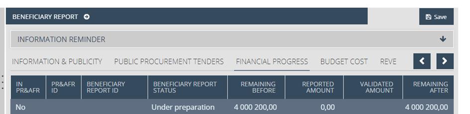 Beneficiary report modul Kedvezményezetti jelentés feltöltése Pénzügyi előrehaladás (Financial progress) Nem szerkeszthető felület A