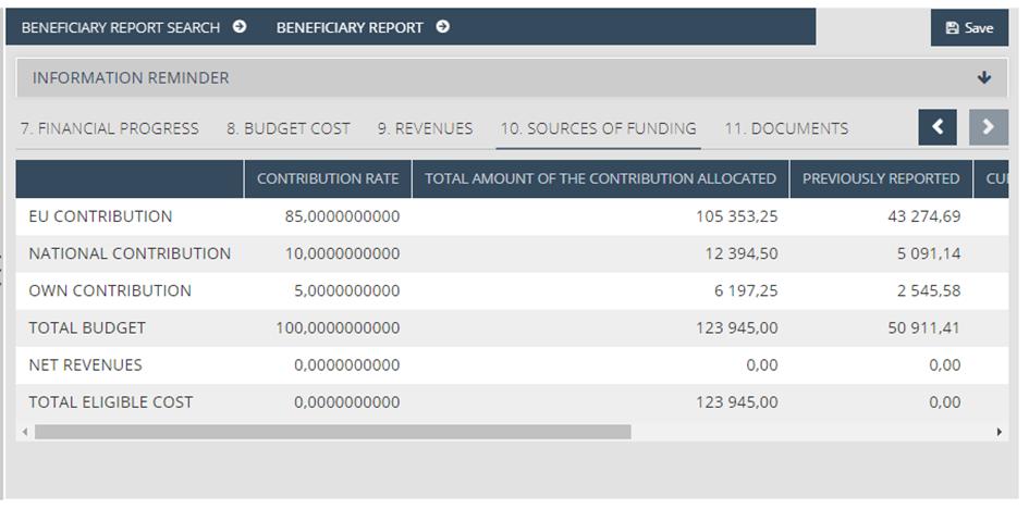 Beneficiary report modul Kedvezményezetti jelentés feltöltése Finanszírozási összetétel (Sources of funding) Nem