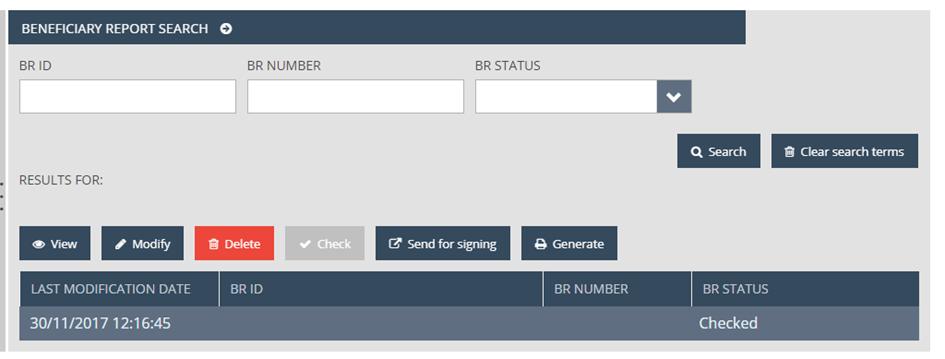 Beneficiary report modul Kedvezményezetti jelentés előállítása és benyújtása A Search menüpont -> a találati listából a megfelelő jelentés kiválasztása -> Generate gomb: pdf