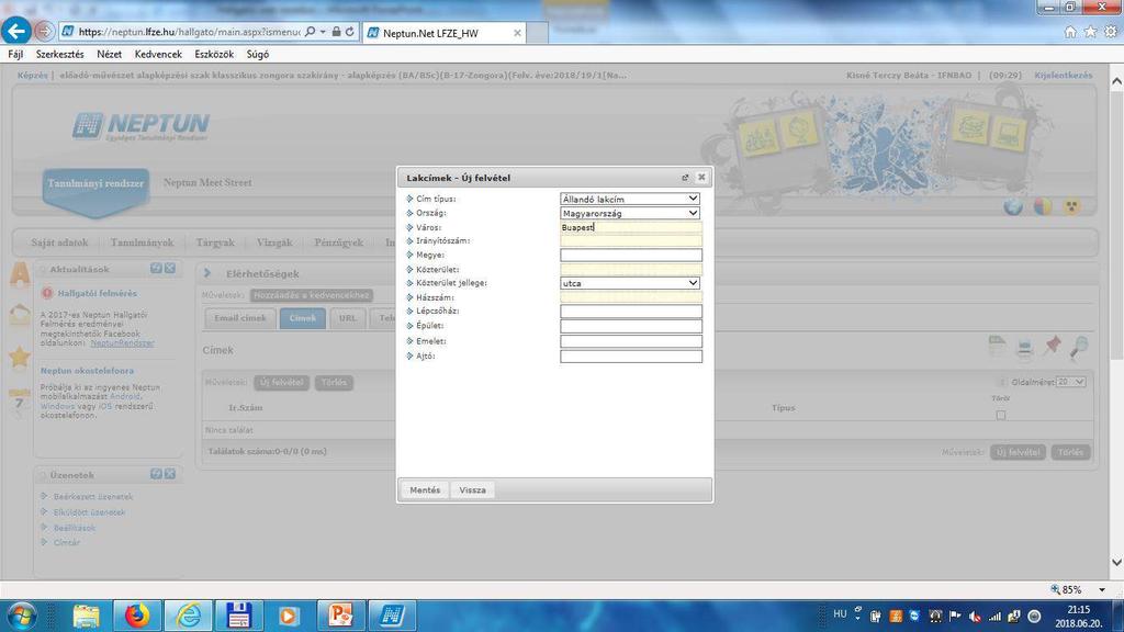Cím adatok felvitel a rendszerbe Új felvitel gomb hatására