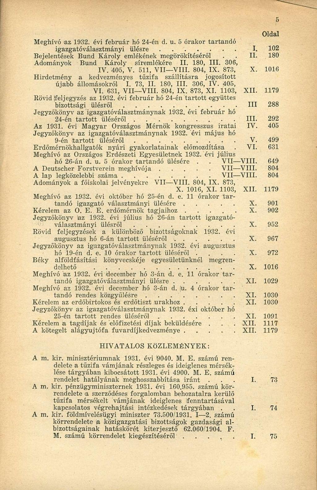 Meghívó az 1932. évi február hó 24-én d. u. 5 órakor tartandó igazgatóválasztmányi ülésre I. 102 Bejelentések Bund Károly emlékének megörökítéséről.. II. 180 Adományok Bund Károly síremlékére II.