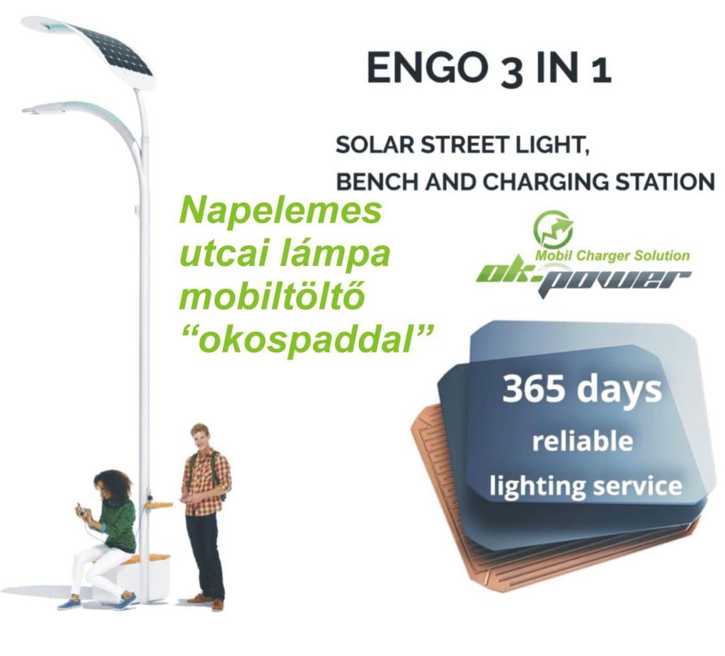 2. Smart solar street lights: Napelemes, megújuló energiával üzemelő okos utcalámpa paddal, telefontöltő egységgel, WIFI és környezeti szenzor opcióval: A napelemes okos utcalámpa paddal egy hálózat