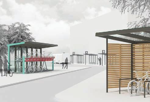 aureo velo bus stops and bicycle shelters in one style AE-V310 / V315 / V610 / V615 Fedett kerékpártároló lapos / íves tetővel acél konstrukció, biztonsági üveg / polikarbonát tető, oldalsó és hátsó