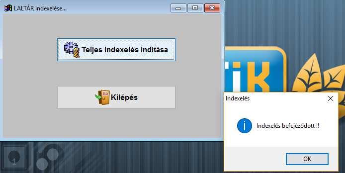 Amennyiben nem lépett ki minden alkalmazásból, vagy nem minden gépen zárta be az alkalmazásokat, úgy az indexelés nem fut végig, erről hibaüzenet tájékoztat.