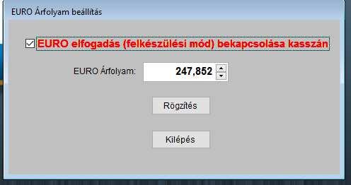 A elszámoláshoz az euro árfolyamot ebben a menüpontban lehet beállítani. A megfelelő árfolyam használatához az MSKASSZA alkalmazást újra kell indítani.