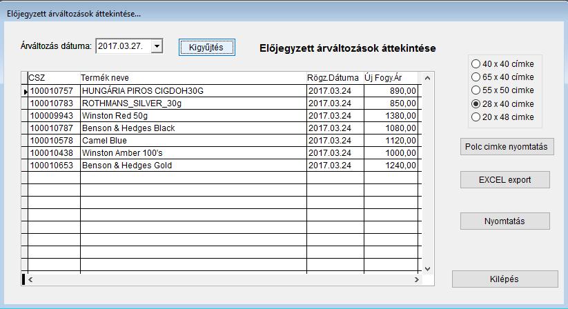 e. f. g. Árváltozási list 16./3. Végrehajtott árváltozások áttekintése A menüpont használata nemzeti dohánybolt specifikus. Az NDNClient alkalmazás által az ND Zrt.