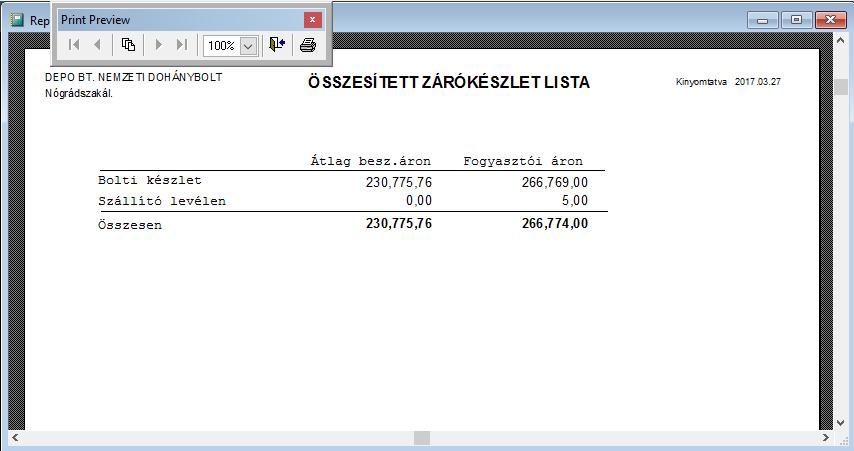 A kiválasztott bizonylat típusok alapján a rendszer elkészíti az adott bizonylat típusok időszaki összesítőjét.