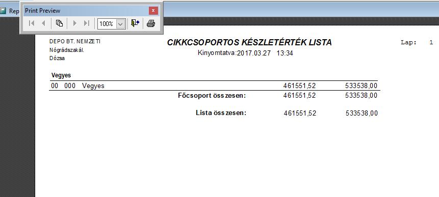 Cikkcsoportos készlet érték gombra Kilépés a főmenübe a Bezárás