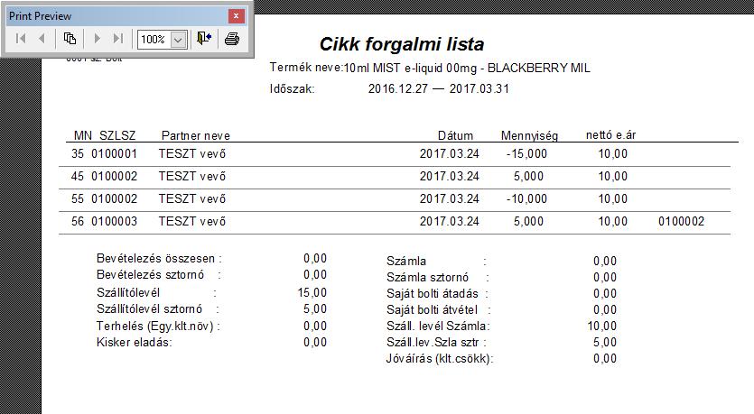 Cikk karton (minta) 10., Napi eladások bizonylatonként / Nyugta alapján egyszerűsített számla készítés Választható dátum alapján, kassza terminálonként gyűjti le az értékesítési bizonylatokat.