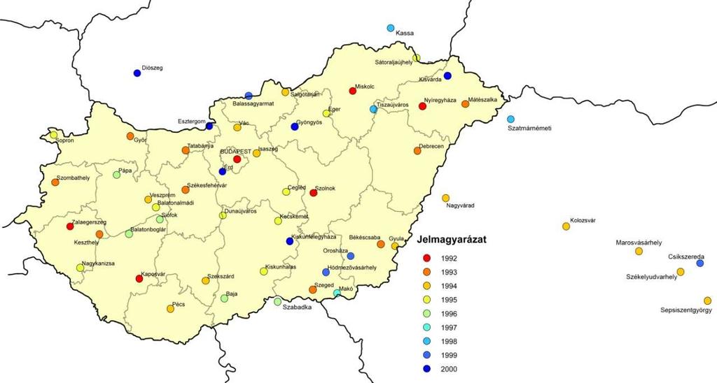 4. ábra: A GDF konzultációs központ hálózata Magyarországon és a határon túli területeken 1992.tanévtıl 2000.tanévig (Forrás: szerk.