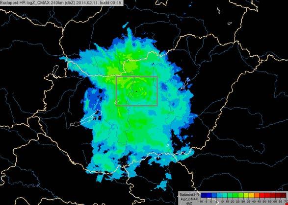 17. ábra. A 2014. 02. 11. 00.45 UTC-kor a budapesti radar által mért reflektivitási mező. 3.3 WLAN zavarok A hazai mérési gyakorlatban jelenleg a legtöbb fejtörést az ún. WLAN zavarok okozzák.