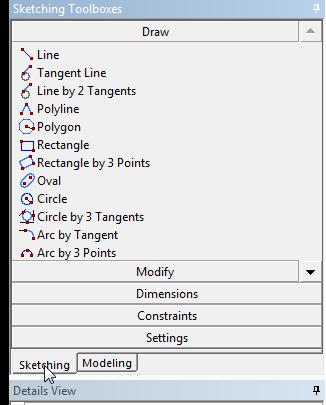 A Sketching eszköztár főbb parancsai: Draw: különböző alakzatokat rajzolhatunk Line = vonal rajzolása Tangent Line = érintő vonal Line by 2 tangent = 2 ívhez hozzásimuló egyenes Polyline = törtvonal