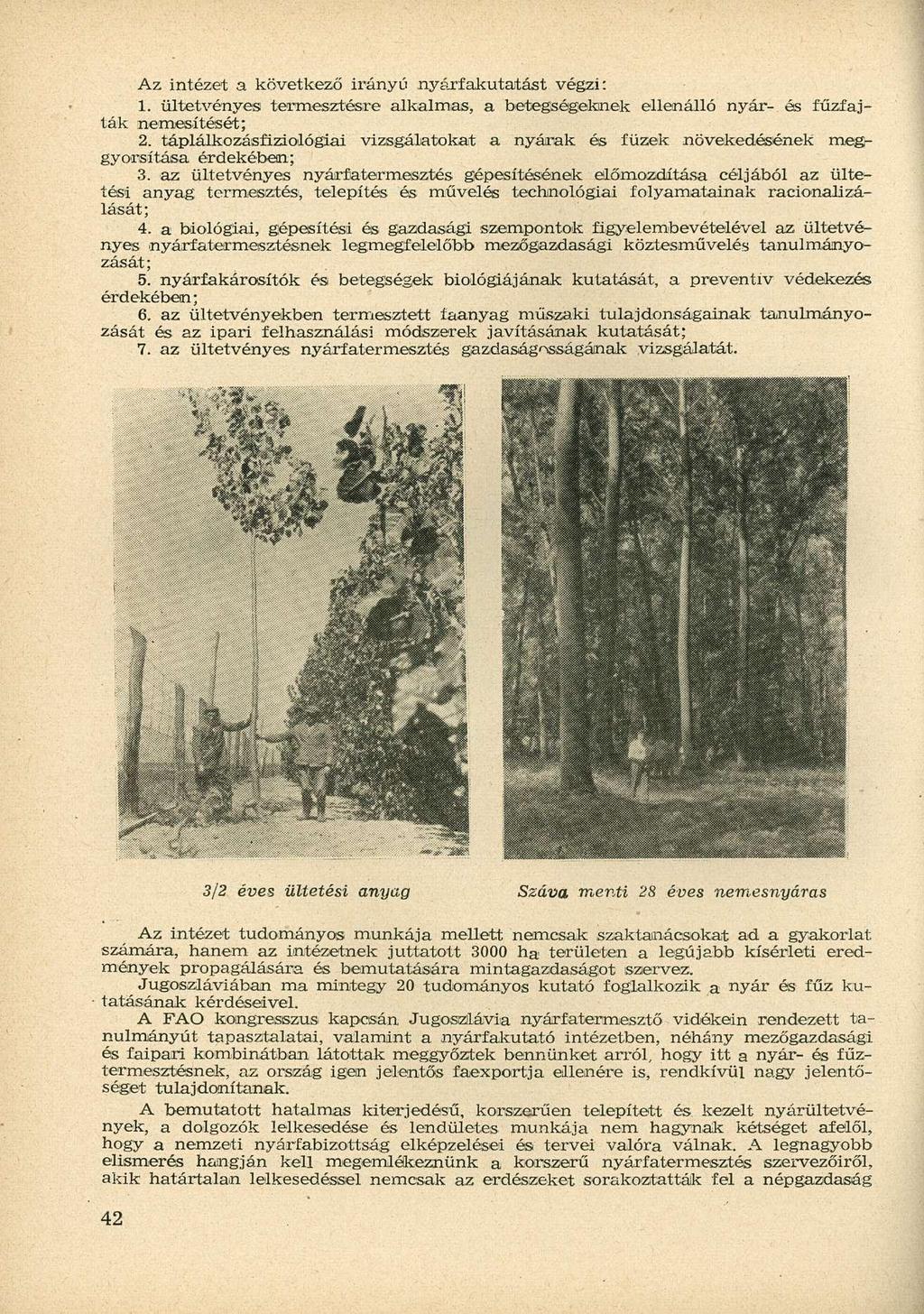 Az intézet a következő irányú nyárfakutatást végzi: 1. ültetvényes termesztésre alkalmas, a betegségeknek ellenálló nyár- és fűzfajták nemesítését; 2.