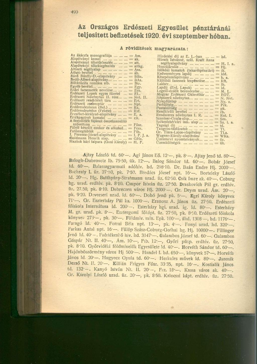 Az Országos Erdészeti Egyesület pénztáránál teljesített befizetések 1920. évi szeptember hóban. A rövidítések Az ákáczfa monográfiája = Am. Alapítványi kamat Alapítványi tőketörlesztés = ak. = att.
