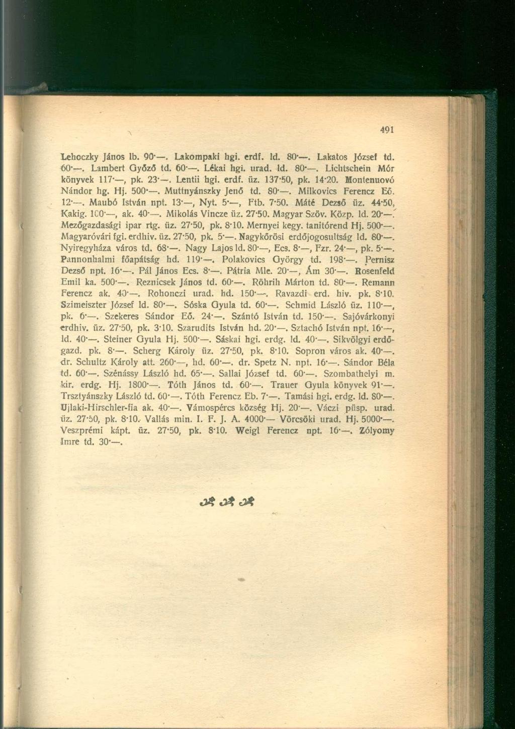 Lehoczky János lb. 90 -. Lakompaki hgi. erdf. ld. 80*. Lakatos József td. ÓO. Lambert Győző td. 60-. Lékai hgi. urad. ld. 80*. Lichtschein Mór könyvek 117-, pk. 23-. Lentii hgi. erdf. üz. 137-50, pk.