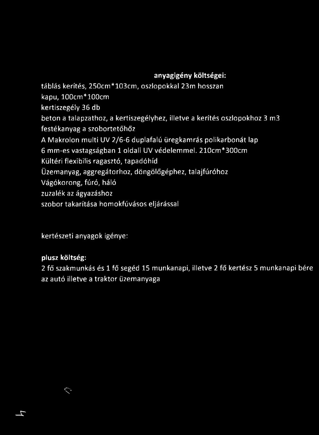 anyagigény költségei: táblás kerítés, 250cm*103cm, oszlopokkal 23m hosszan kapu, 100cm*100cm kertiszegély 36 db beton a talapzathoz, a kertiszegélyhez, illetve a kerítés oszlopokhoz 3 m3 festékanyag