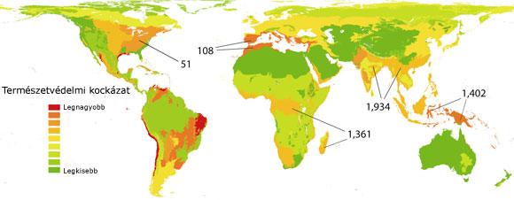 A biodiverzitás időbeli mintázata /kipuszt.kockázat A térkép a különböző területek várható természetvédelmi kockázatát jelöli a vöröstől a sötétzöldig terjedő színskálával.