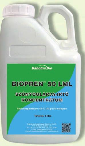 BIOPREN 50 LML SZÚNYOGLÁRVA-IRTÓ KONCENTRÁTUM 5 tömeg % (52 g/liter) S-metoprén Korszerű S-metoprén hatóanyagtartalmú szúnyog-növekedés gátló szer.